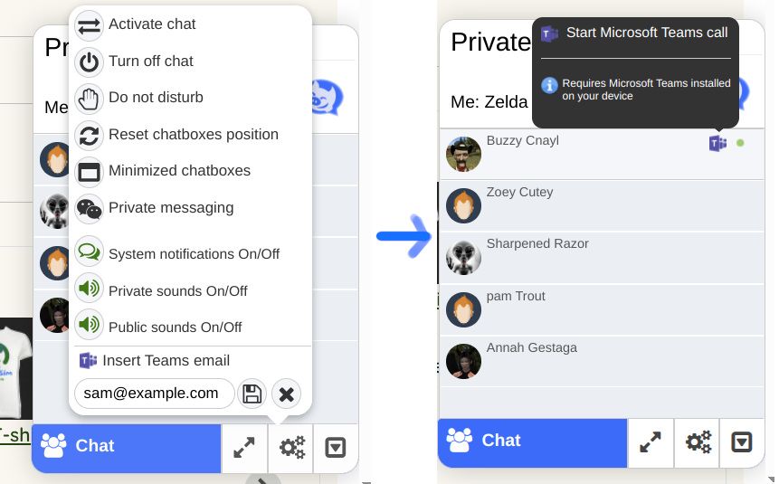 As Skype is no more, our chat system now supports Microsoft Teams. To use, just enter and save your  Microsoft Teams email address in the chat options field. Then it's just a single click on Microsoft Teams icon to open Teams and start a video call etc!